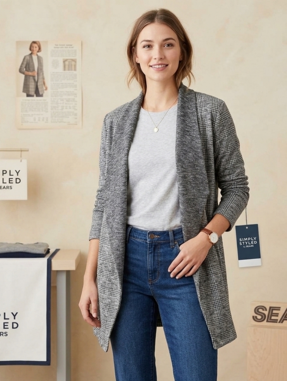 Simply Styled Gray Plaid Open Cardigan